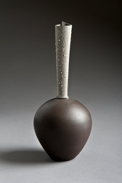 chocolate stoneware bottle with fine silver droplets