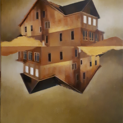 oil painting of house and reflection