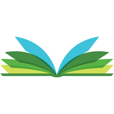 Logo of the Eden Mills Writers' Festival. An open book, with pages in various shades of green and blue.