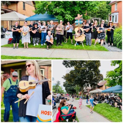 Royal City Ukulele Ensemble performs at Grand Porch Party in Waterloo in June 2022