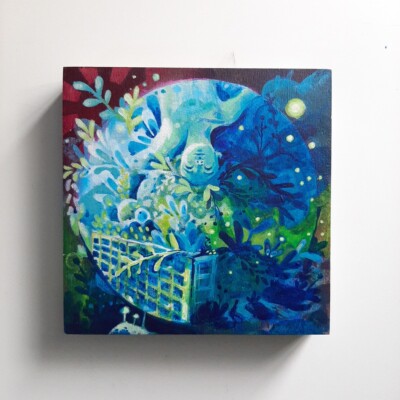 6 x 6 acrylic on wood panel, painting human figure descending into natural surroundings that have taken over man-made structures. Painted in blues and greens over top of red and black background.