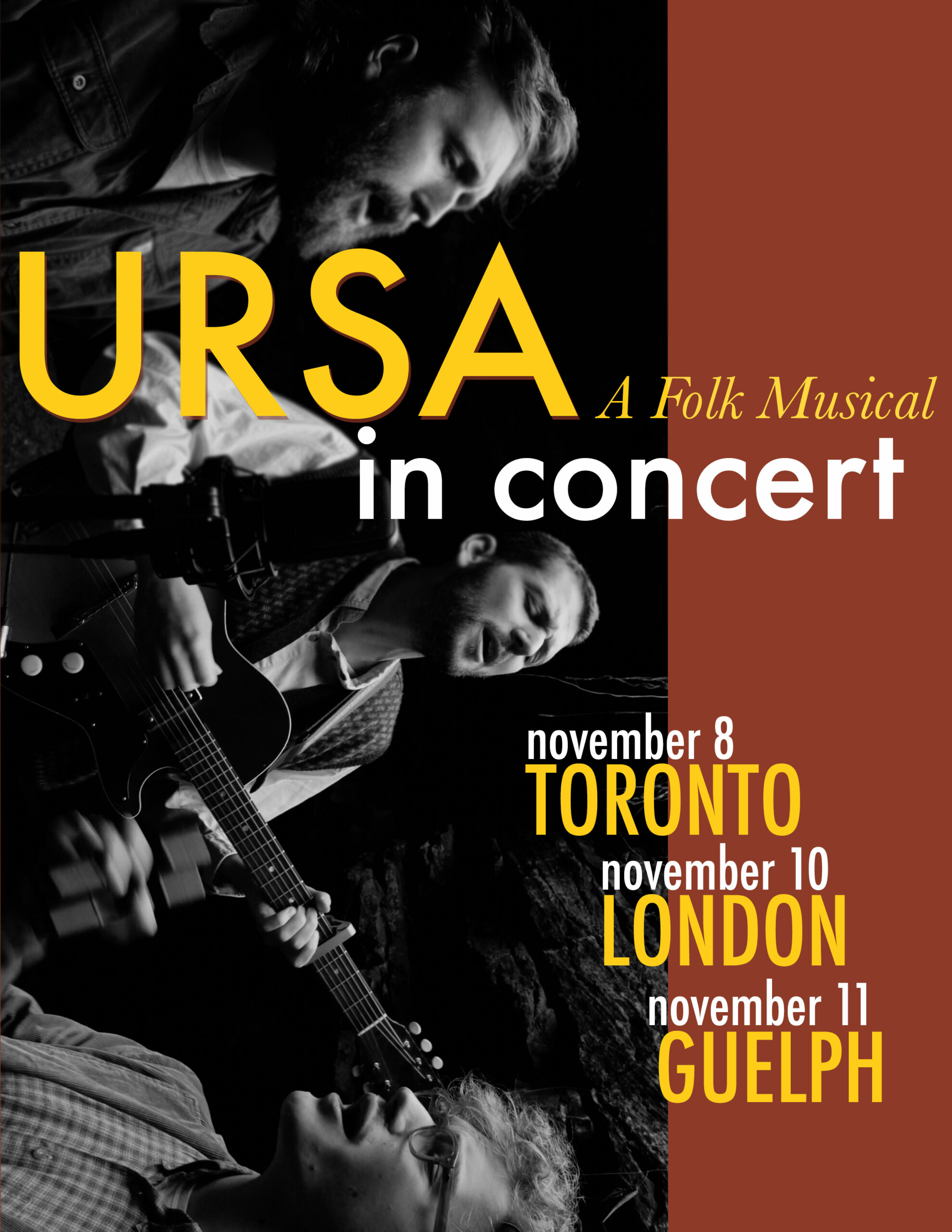 Text: URSA: A Folk Musical in concert November 8 Toronto November 10 London November 11 Guelph Image - black and white, landscape orientation but rotated 90 degrees clockwise, showing 3 musicians singing, one of which is playing guitar.