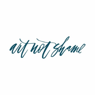 The Art Not Shame logo. A white background with blue script that says, "Art Not Shame".