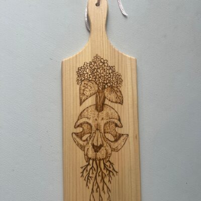 Decorative Wood Burned Cat Skull Paddle with plants